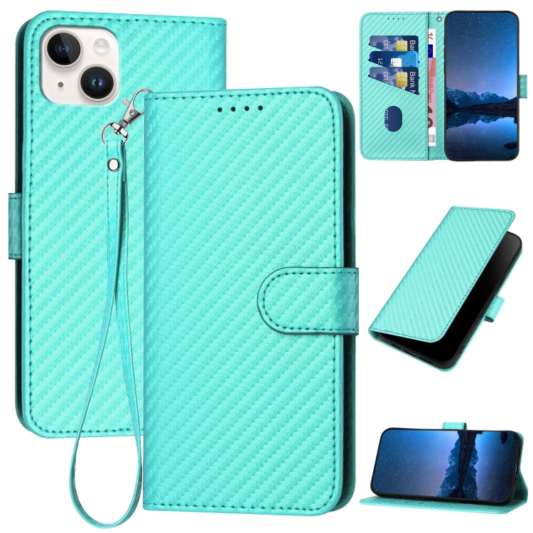 YX0070 Custodia per telefono in pelle con fibbia in fibra di carbonio con cordino, For iPhone 15, For iPhone 14 Plus, For iPhone 14