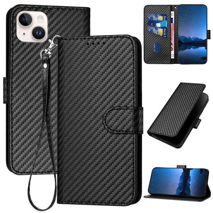 YX0070 Custodia per telefono in pelle con fibbia in fibra di carbonio con cordino, For iPhone 15, For iPhone 14 Plus, For iPhone 14