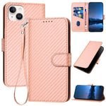 YX0070 Custodia per telefono in pelle con fibbia in fibra di carbonio con cordino, For iPhone 15, For iPhone 14 Plus, For iPhone 14