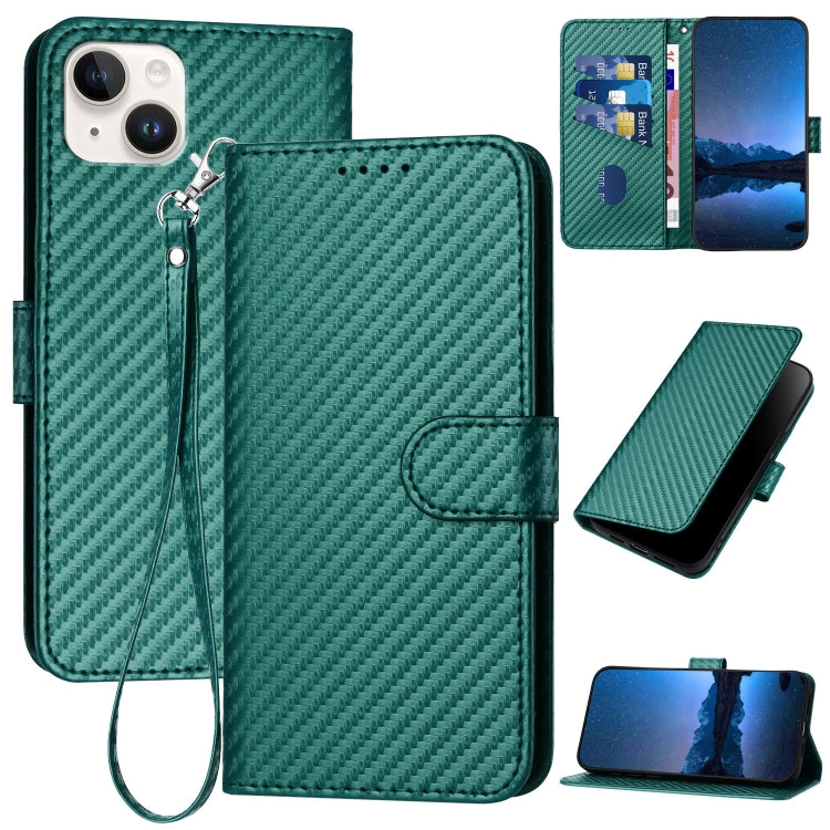 YX0070 Custodia per telefono in pelle con fibbia in fibra di carbonio con cordino, For iPhone 15, For iPhone 14 Plus, For iPhone 14