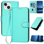 YX0070 Custodia per telefono in pelle con fibbia in fibra di carbonio con cordino, For iPhone 15, For iPhone 14 Plus, For iPhone 14