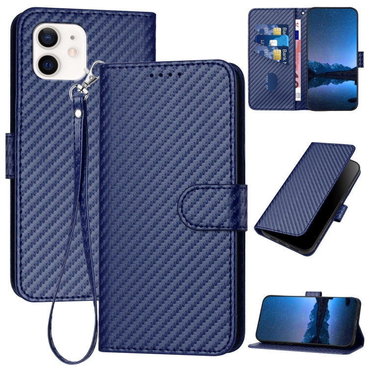 YX0070 Custodia per telefono in pelle con fibbia in fibra di carbonio con cordino, For iPhone 13 mini, For iPhone 12 / 12 Pro, For iPhone 12 Pro Max