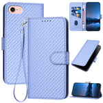 YX0070 Custodia per telefono in pelle con fibbia in fibra di carbonio con cordino, For iPhone 14 Pro, For iPhone 14 Pro Max, For iPhone SE 2022 / SE 2020 / 8 / 7