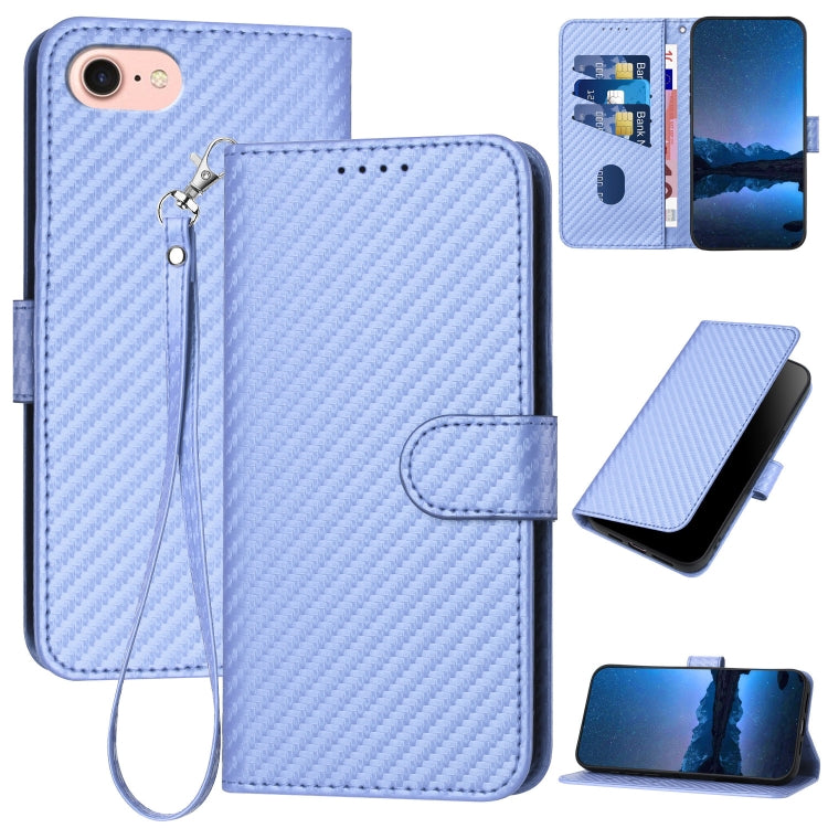 YX0070 Custodia per telefono in pelle con fibbia in fibra di carbonio con cordino, For iPhone 14 Pro, For iPhone 14 Pro Max, For iPhone SE 2022 / SE 2020 / 8 / 7