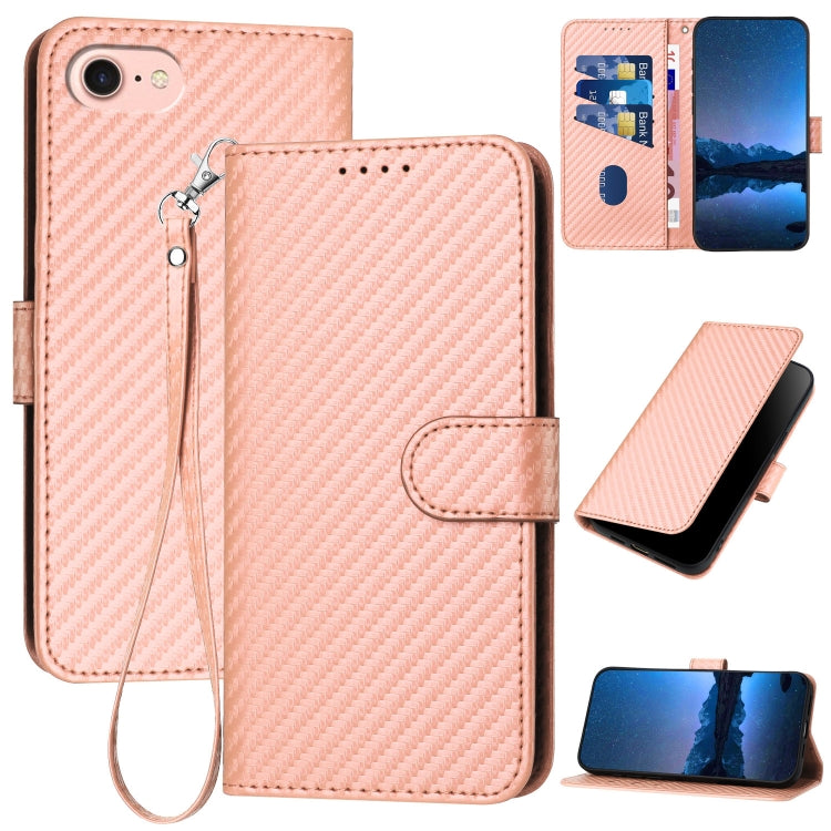 YX0070 Custodia per telefono in pelle con fibbia in fibra di carbonio con cordino, For iPhone 14 Pro, For iPhone 14 Pro Max, For iPhone SE 2022 / SE 2020 / 8 / 7