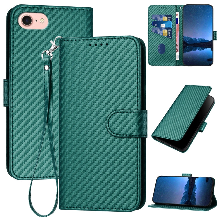 YX0070 Custodia per telefono in pelle con fibbia in fibra di carbonio con cordino, For iPhone 14 Pro, For iPhone 14 Pro Max, For iPhone SE 2022 / SE 2020 / 8 / 7