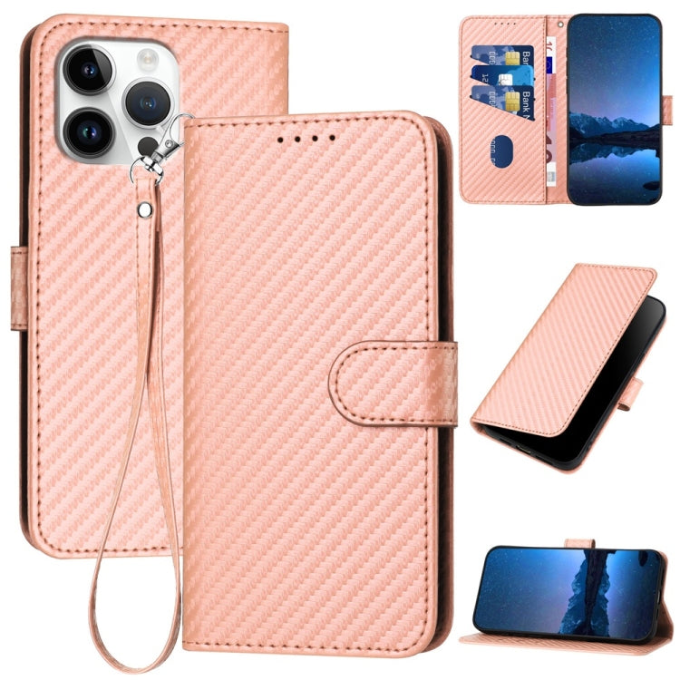 YX0070 Custodia per telefono in pelle con fibbia in fibra di carbonio con cordino, For iPhone 17, For iPhone Air, For iPhone 16 Pro Max