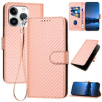 YX0070 Custodia per telefono in pelle con fibbia in fibra di carbonio con cordino, For iPhone 16 Pro, For iPhone 16 Plus, For iPhone 16
