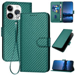 YX0070 Custodia per telefono in pelle con fibbia in fibra di carbonio con cordino, For iPhone 16 Pro, For iPhone 16 Plus, For iPhone 16