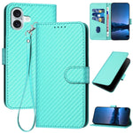 YX0070 Custodia per telefono in pelle con fibbia in fibra di carbonio con cordino, For iPhone 16 Pro, For iPhone 16 Plus, For iPhone 16