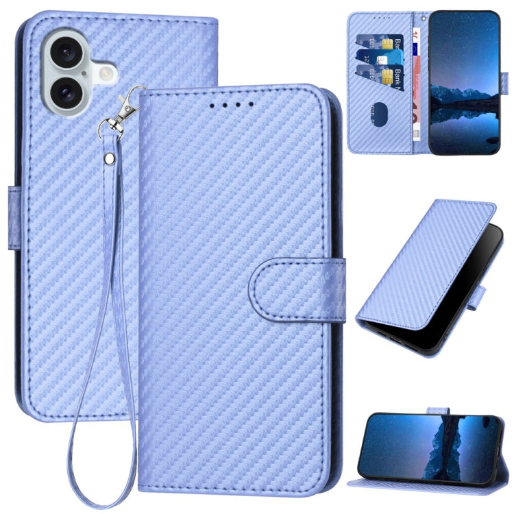 YX0070 Custodia per telefono in pelle con fibbia in fibra di carbonio con cordino, For iPhone 16 Pro, For iPhone 16 Plus, For iPhone 16