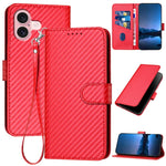 YX0070 Custodia per telefono in pelle con fibbia in fibra di carbonio con cordino, For iPhone 16 Pro, For iPhone 16 Plus, For iPhone 16