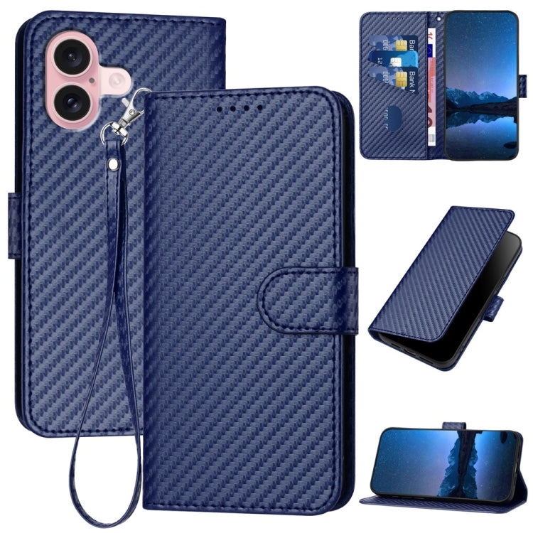 YX0070 Custodia per telefono in pelle con fibbia in fibra di carbonio con cordino, For iPhone 16 Pro, For iPhone 16 Plus, For iPhone 16