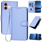 YX0070 Custodia per telefono in pelle con fibbia in fibra di carbonio con cordino, For iPhone 16 Pro, For iPhone 16 Plus, For iPhone 16