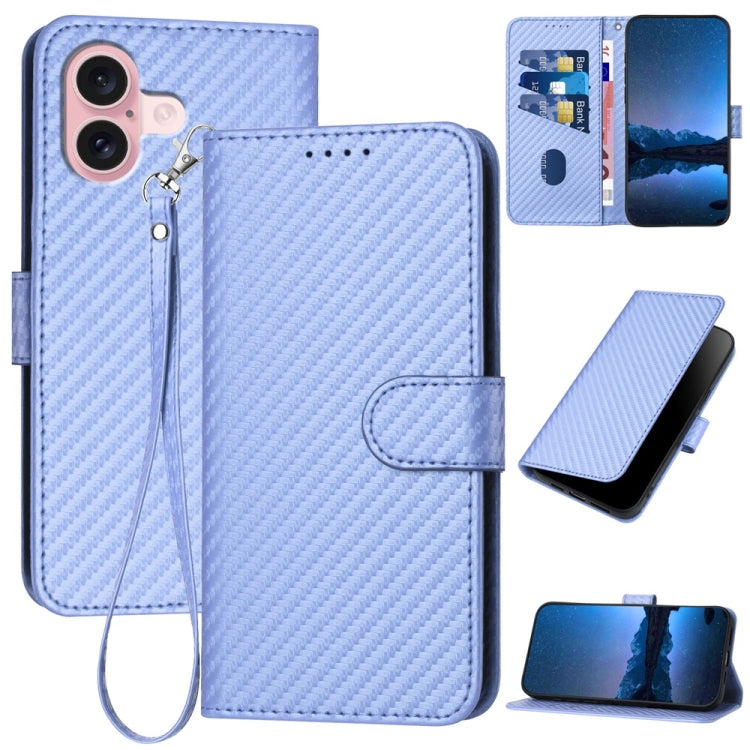 YX0070 Custodia per telefono in pelle con fibbia in fibra di carbonio con cordino, For iPhone 16 Pro, For iPhone 16 Plus, For iPhone 16
