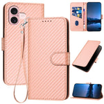 YX0070 Custodia per telefono in pelle con fibbia in fibra di carbonio con cordino, For iPhone 16 Pro, For iPhone 16 Plus, For iPhone 16