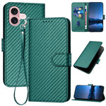 YX0070 Custodia per telefono in pelle con fibbia in fibra di carbonio con cordino, For iPhone 16 Pro, For iPhone 16 Plus, For iPhone 16
