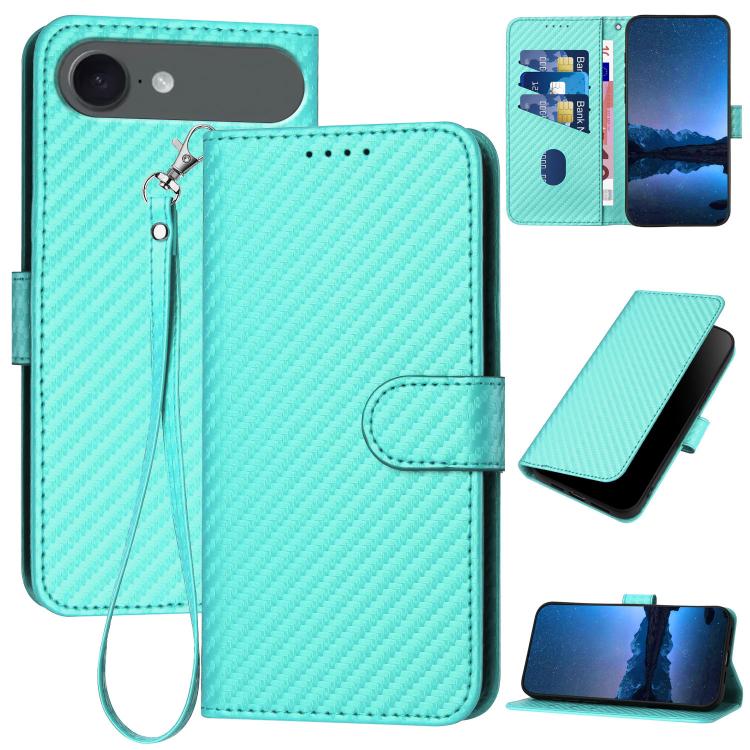 YX0070 Custodia per telefono in pelle con fibbia in fibra di carbonio con cordino, For iPhone 17, For iPhone Air, For iPhone 16 Pro Max