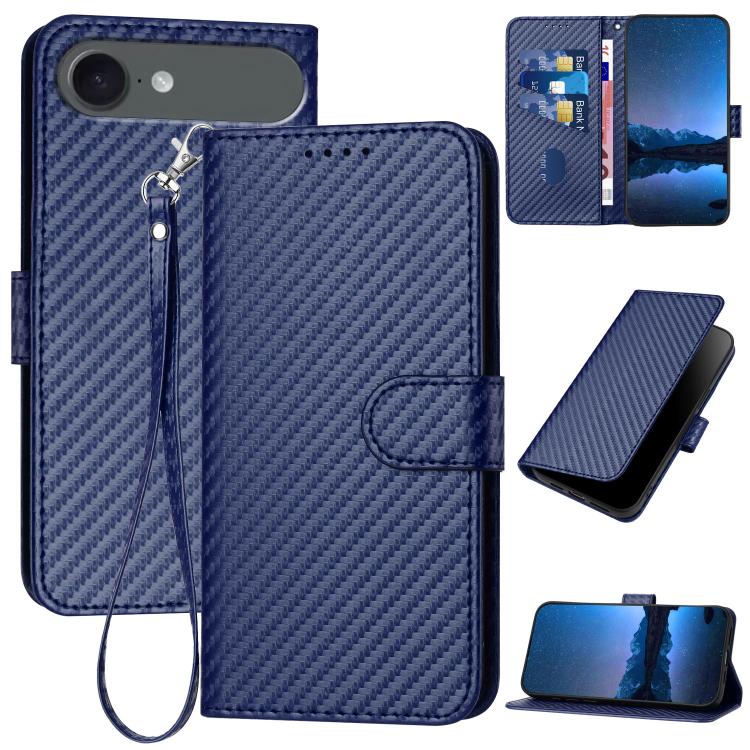 YX0070 Custodia per telefono in pelle con fibbia in fibra di carbonio con cordino, For iPhone 17, For iPhone Air, For iPhone 16 Pro Max