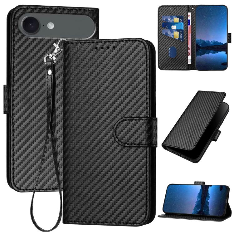 YX0070 Custodia per telefono in pelle con fibbia in fibra di carbonio con cordino, For iPhone 17, For iPhone Air, For iPhone 16 Pro Max