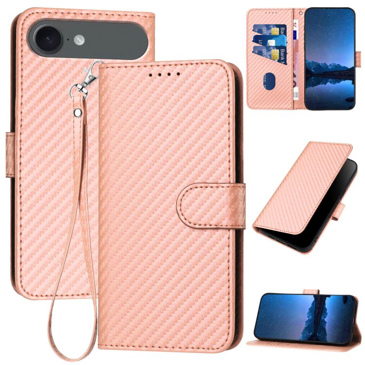 YX0070 Custodia per telefono in pelle con fibbia in fibra di carbonio con cordino, For iPhone 17, For iPhone Air, For iPhone 16 Pro Max