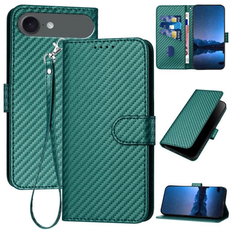 YX0070 Custodia per telefono in pelle con fibbia in fibra di carbonio con cordino, For iPhone 17, For iPhone Air, For iPhone 16 Pro Max