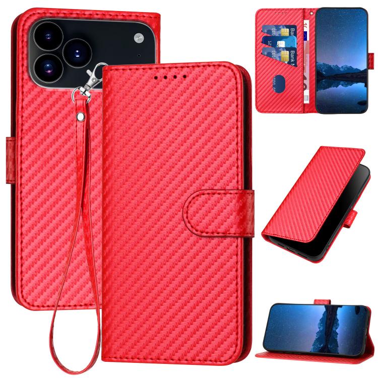YX0070 Custodia per telefono in pelle con fibbia in fibra di carbonio con cordino, For iPhone 17e / 16e, For iPhone 17 Pro Max, For iPhone 17 Pro