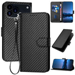 YX0070 Custodia per telefono in pelle con fibbia in fibra di carbonio con cordino, For iPhone 17e / 16e, For iPhone 17 Pro Max, For iPhone 17 Pro