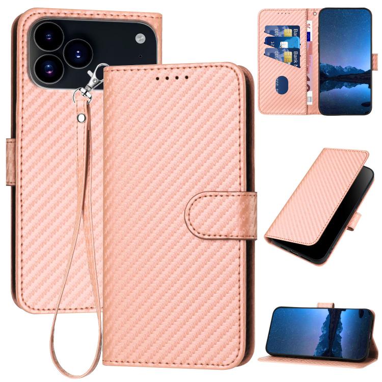 YX0070 Custodia per telefono in pelle con fibbia in fibra di carbonio con cordino, For iPhone 17e / 16e, For iPhone 17 Pro Max, For iPhone 17 Pro