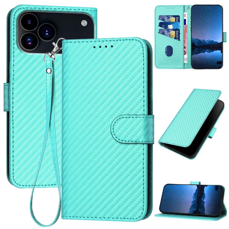 YX0070 Custodia per telefono in pelle con fibbia in fibra di carbonio con cordino, For iPhone 17e / 16e, For iPhone 17 Pro Max, For iPhone 17 Pro