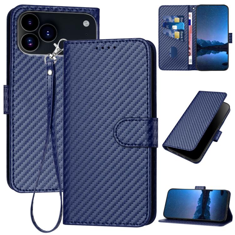 YX0070 Custodia per telefono in pelle con fibbia in fibra di carbonio con cordino, For iPhone 17e / 16e, For iPhone 17 Pro Max, For iPhone 17 Pro