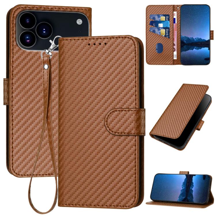 YX0070 Custodia per telefono in pelle con fibbia in fibra di carbonio con cordino, For iPhone 17e / 16e, For iPhone 17 Pro Max, For iPhone 17 Pro