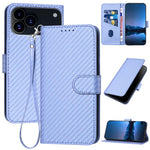 YX0070 Custodia per telefono in pelle con fibbia in fibra di carbonio con cordino, For iPhone 17e / 16e, For iPhone 17 Pro Max, For iPhone 17 Pro