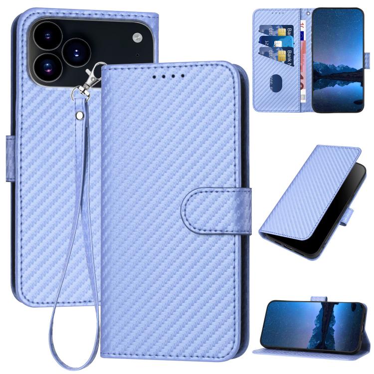 YX0070 Custodia per telefono in pelle con fibbia in fibra di carbonio con cordino, For iPhone 17e / 16e, For iPhone 17 Pro Max, For iPhone 17 Pro