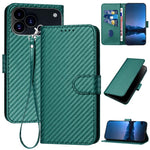 YX0070 Custodia per telefono in pelle con fibbia in fibra di carbonio con cordino, For iPhone 17e / 16e, For iPhone 17 Pro Max, For iPhone 17 Pro