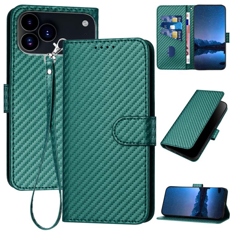 YX0070 Custodia per telefono in pelle con fibbia in fibra di carbonio con cordino, For iPhone 17e / 16e, For iPhone 17 Pro Max, For iPhone 17 Pro