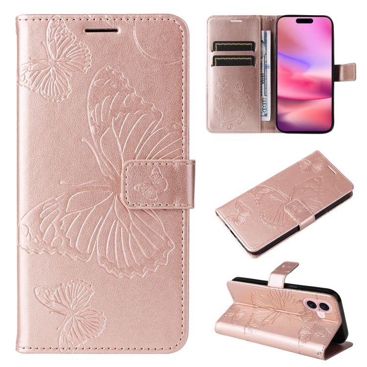 Custodia per cellulare in pelle con motivo a farfalla in rilievo 3D, For iPhone 16 Plus, For iPhone 16