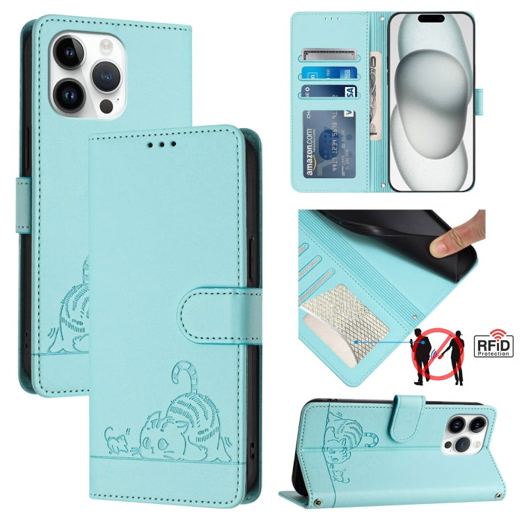 Custodia per telefono in pelle RFID con motivo gatto in rilievo con cordino, For iPhone SE 2024, For iPhone 15 Pro Max, For iPhone 15 Pro, For iPhone 15 Plus