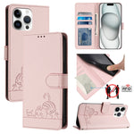 Custodia per telefono in pelle RFID con motivo gatto in rilievo con cordino, For iPhone SE 2024, For iPhone 15 Pro Max, For iPhone 15 Pro, For iPhone 15 Plus