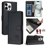 Custodia per telefono in pelle RFID con motivo gatto in rilievo con cordino, For iPhone SE 2024, For iPhone 15 Pro Max, For iPhone 15 Pro, For iPhone 15 Plus
