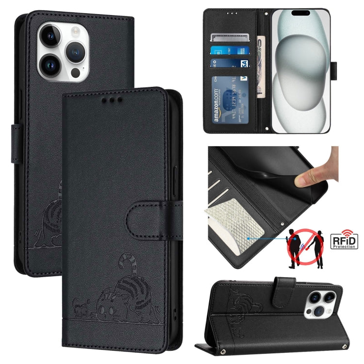 Custodia per telefono in pelle RFID con motivo gatto in rilievo con cordino, For iPhone SE 2024, For iPhone 15 Pro Max, For iPhone 15 Pro, For iPhone 15 Plus