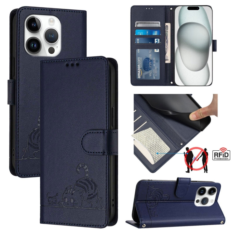 Custodia per telefono in pelle RFID con motivo gatto in rilievo con cordino, For iPhone SE 2024, For iPhone 15 Pro Max, For iPhone 15 Pro, For iPhone 15 Plus