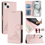 Custodia per telefono in pelle RFID con motivo gatto in rilievo con cordino, For iPhone SE 2024, For iPhone 15 Pro Max, For iPhone 15 Pro, For iPhone 15 Plus