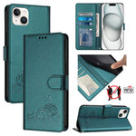 Custodia per telefono in pelle RFID con motivo gatto in rilievo con cordino, For iPhone SE 2024, For iPhone 15 Pro Max, For iPhone 15 Pro, For iPhone 15 Plus