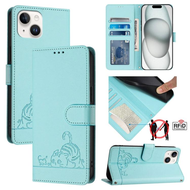 Custodia per telefono in pelle RFID con motivo gatto in rilievo con cordino, For iPhone 15, For iPhone 14 Plus, For iPhone 14/13, For iPhone 14 Pro