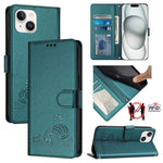 Custodia per telefono in pelle RFID con motivo gatto in rilievo con cordino, For iPhone 15, For iPhone 14 Plus, For iPhone 14/13, For iPhone 14 Pro