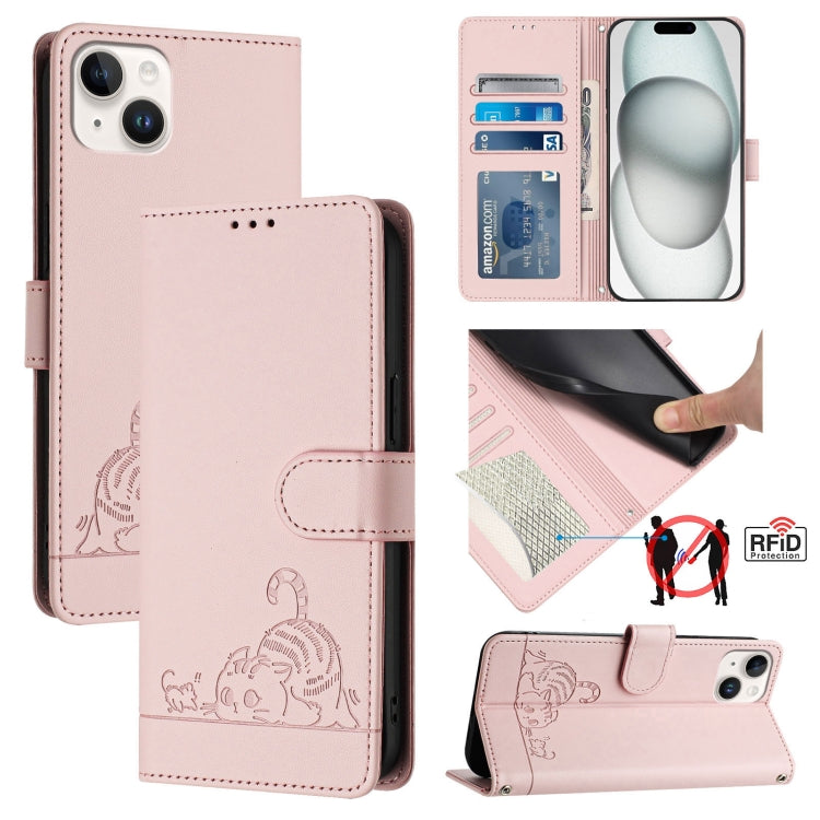 Custodia per telefono in pelle RFID con motivo gatto in rilievo con cordino, For iPhone 15, For iPhone 14 Plus, For iPhone 14/13, For iPhone 14 Pro
