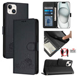 Custodia per telefono in pelle RFID con motivo gatto in rilievo con cordino, For iPhone 15, For iPhone 14 Plus, For iPhone 14/13, For iPhone 14 Pro