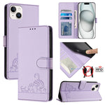 Custodia per telefono in pelle RFID con motivo gatto in rilievo con cordino, For iPhone 15, For iPhone 14 Plus, For iPhone 14/13, For iPhone 14 Pro