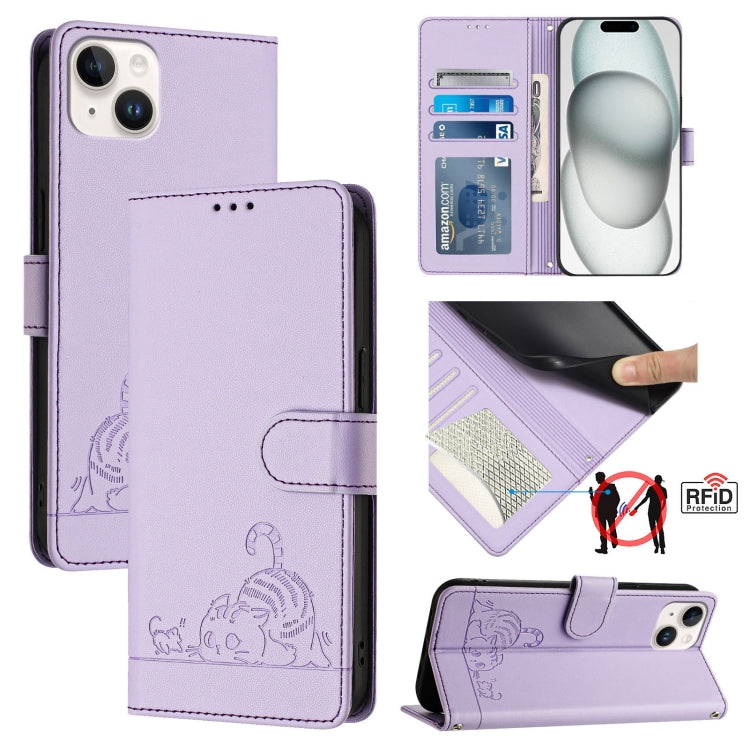 Custodia per telefono in pelle RFID con motivo gatto in rilievo con cordino, For iPhone 15, For iPhone 14 Plus, For iPhone 14/13, For iPhone 14 Pro
